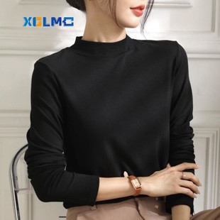 纯色小立领打底衫 女t恤 春秋季 半高领螺纹弹力棉百搭显瘦上衣长袖