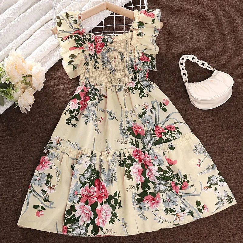 Summer Girl's Long Skirt Polyester Square Collar Suspender S图片