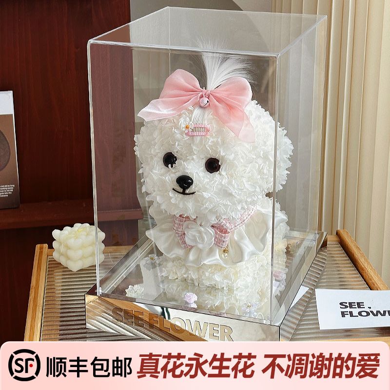 永生花马尔济斯比熊犬小狗摆件礼盒礼物送女友闺蜜生日情人节礼物