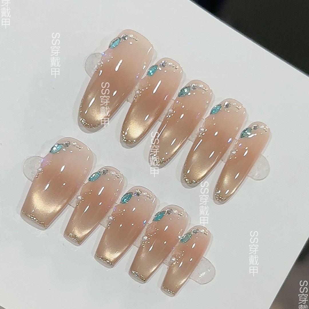 【月咏金沙】纯手工制作穿戴甲精品猫眼美甲温柔气质甲片