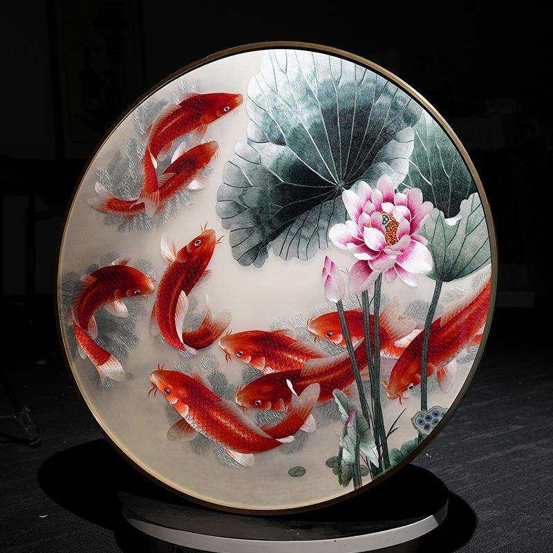 手工苏绣年年有余新中式装饰画玄关书房客厅圆形带框成品刺绣挂画,畜牧/养殖物资,畜牧/养殖器械,淘宝优惠券,粉丝福利购,淘宝优惠卷