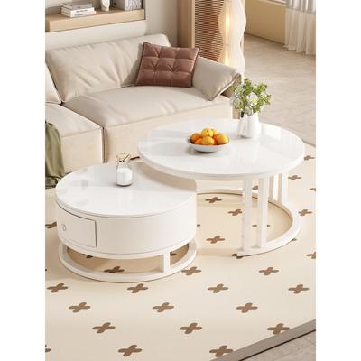 奶油风岩板茶几圆形小户型轻奢客厅家用简约现代感茶几桌组合