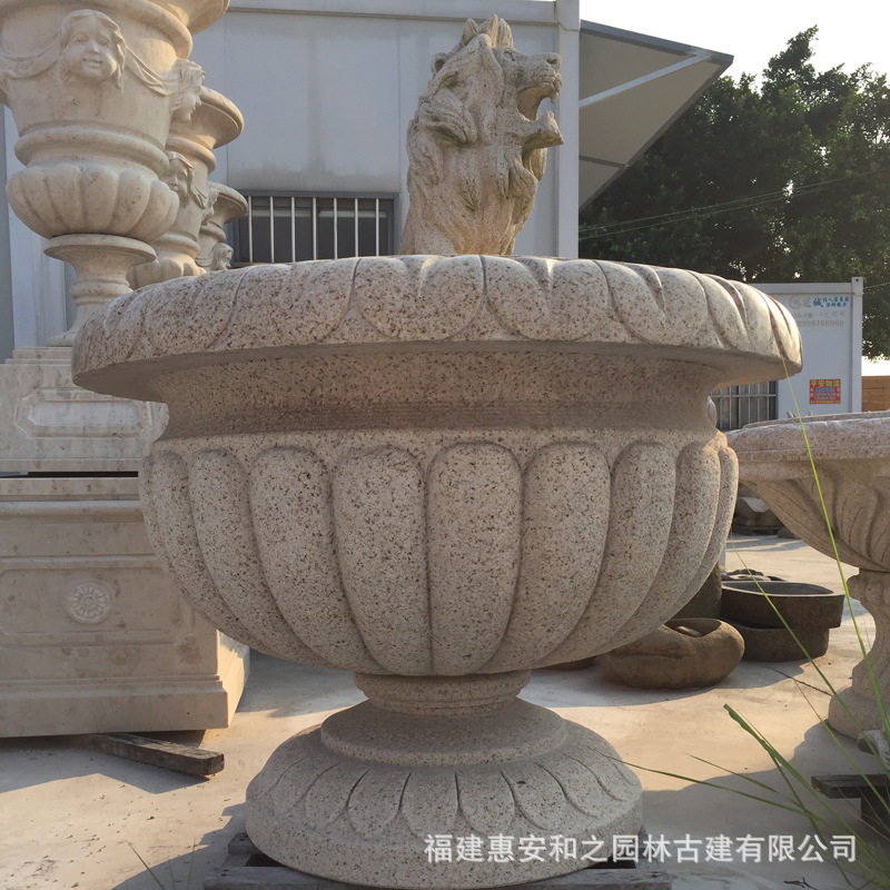 别墅石雕花盆大理石石雕花钵造型图圆形石盆种植器