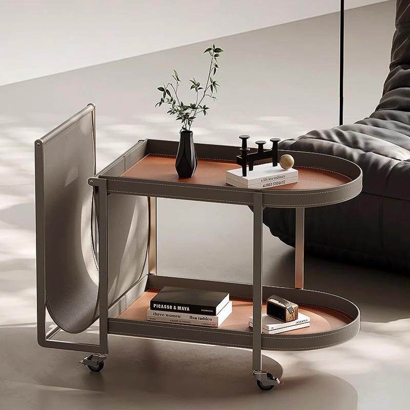 轻奢高级感马鞍皮沙发边几客厅阳台可移动带锁定小推车搁物架置物