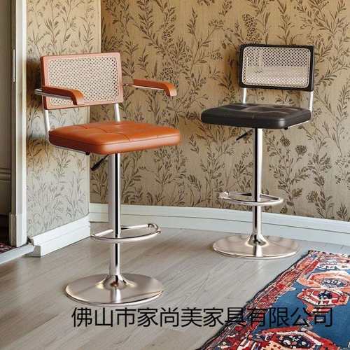 商用前台收银椅高脚凳中古风家用藤编椅吧台旋转椅加高吧椅吧台凳