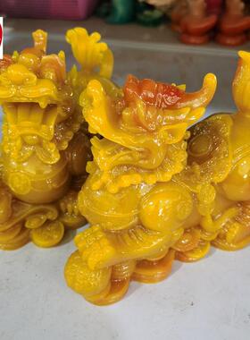 古玩收藏仿寿山石雕田黄色小号貔貅一对客厅装饰摆件15*6*11CM