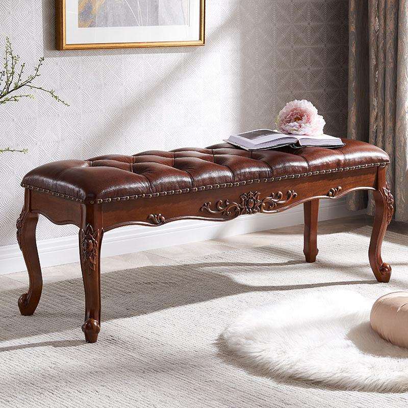 美式全实木床尾凳欧式卧室床侧床榻客厅沙发茶几凳衣帽间长条皮凳