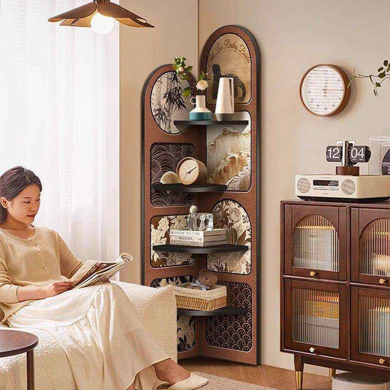 中古风落地摆件客厅电视柜旁边墙面转角柜复古置物架多层三角柜