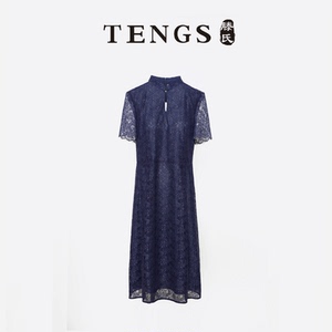 TENGS滕氏女装春夏新款深蓝典雅中式勾花蕾丝连衣裙修身X廓形