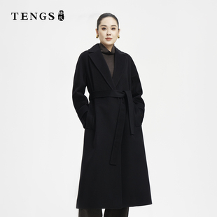 TENGS滕氏女装 舒适羊毛大衣 通勤风系带收腰黑色长款