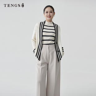 TENGS滕氏织希女装春季新款时尚休闲黑白条纹V领羊毛针织开衫外套