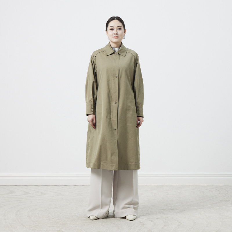TENGS滕氏女装春季新款经典通勤豆沙绿抽绳收腰翻领中长款风衣