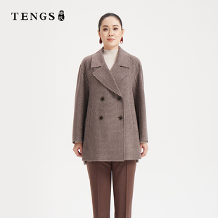 TENGS滕氏女装秋冬新款细格绵羊毛轻松H廓形圆肩短款大衣舒适百搭