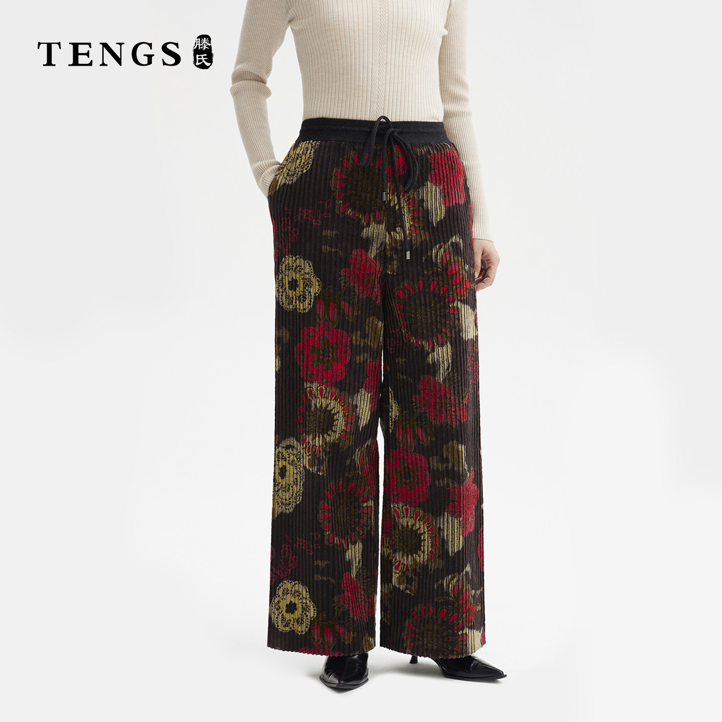 TENGS滕氏女装高腰抽绳印花舒适休闲阔腿单裤