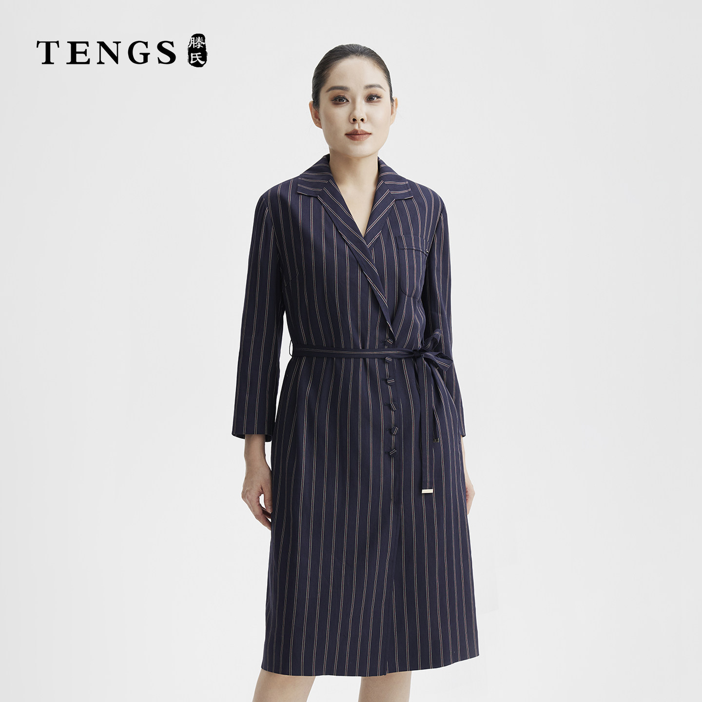 TENGS条纹棉麻通勤轻西装连衣裙