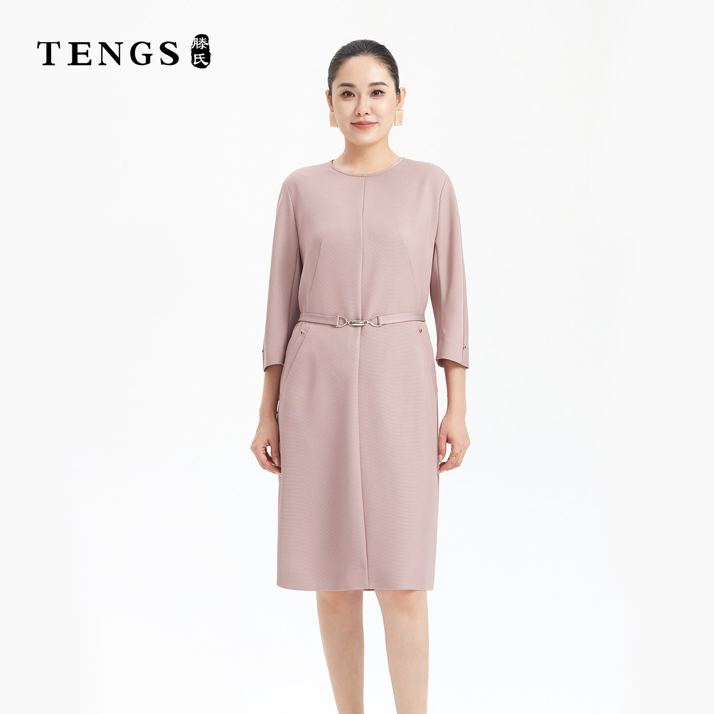 TENGS滕氏女装舒适通勤气质感优雅百搭中袖圆领收腰连衣裙