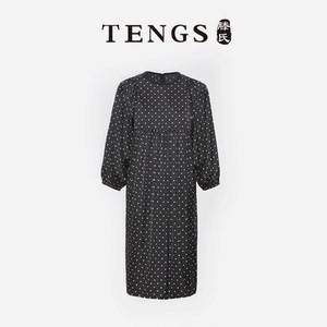 TENGS滕氏女装春夏新款法式波点拼接抽褶连衣裙复古优雅浪漫
