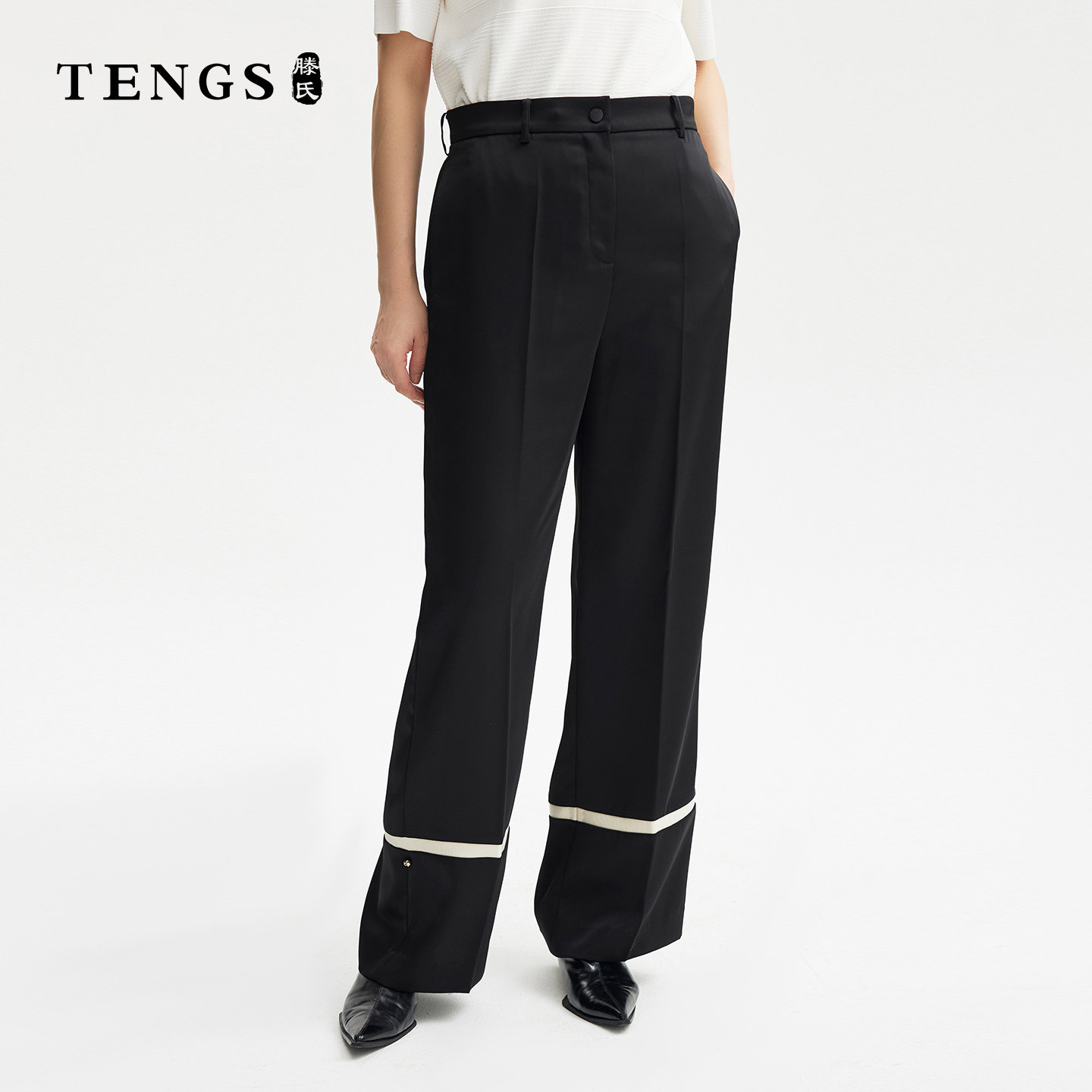 TENGS滕氏女装通勤舒适黑色拼色百搭气质直筒单裤