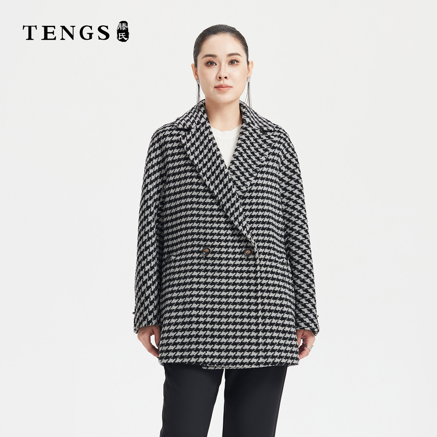 TENGS毛绒感千鸟格纹短大衣外套