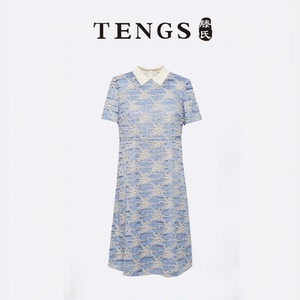 TENGS滕氏女装夏季新款天蓝蕾丝针织翻领短袖修身连衣裙收腰百搭