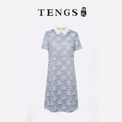 TENGS气质蓝色蕾丝修身连衣裙