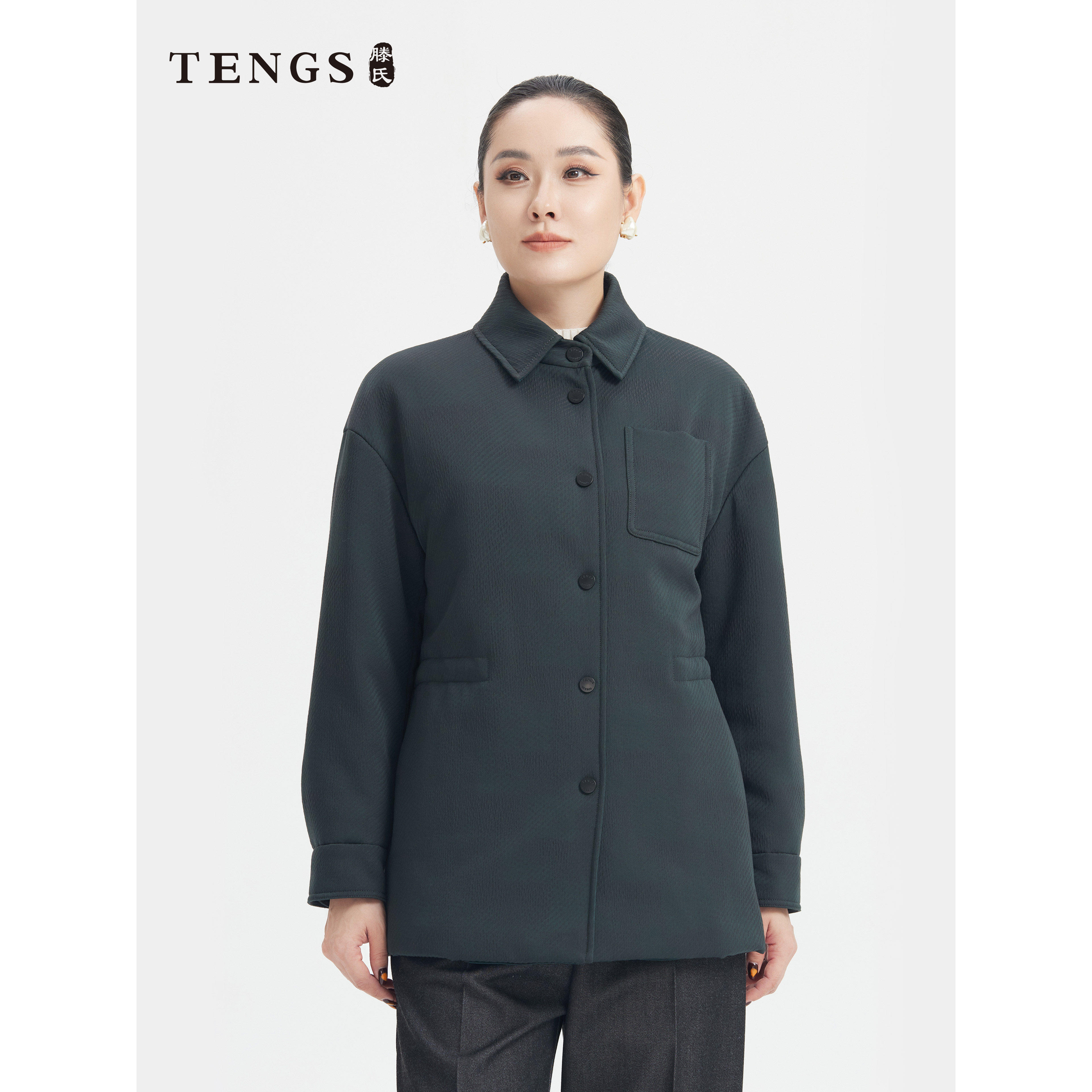 墨绿通勤短款抽绳收腰保暖棉服