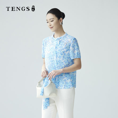 TENGS轻薄夏日休闲印花短袖衬衫
