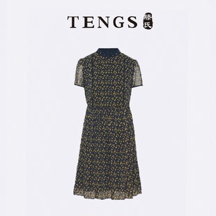 连衣裙 假日碎花幻彩丝线面料手工钉钻立领纱袖 TENGS滕氏女装 新款