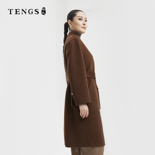 TENGS滕氏女装秋冬新款咖色中长款双面羊毛羊绒大衣舒适通勤百搭