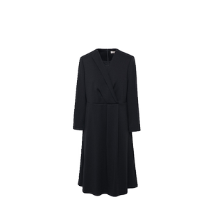 TENGS滕氏女装秋季新款经典黑色羊毛立体剪裁收腰连衣裙气质百搭