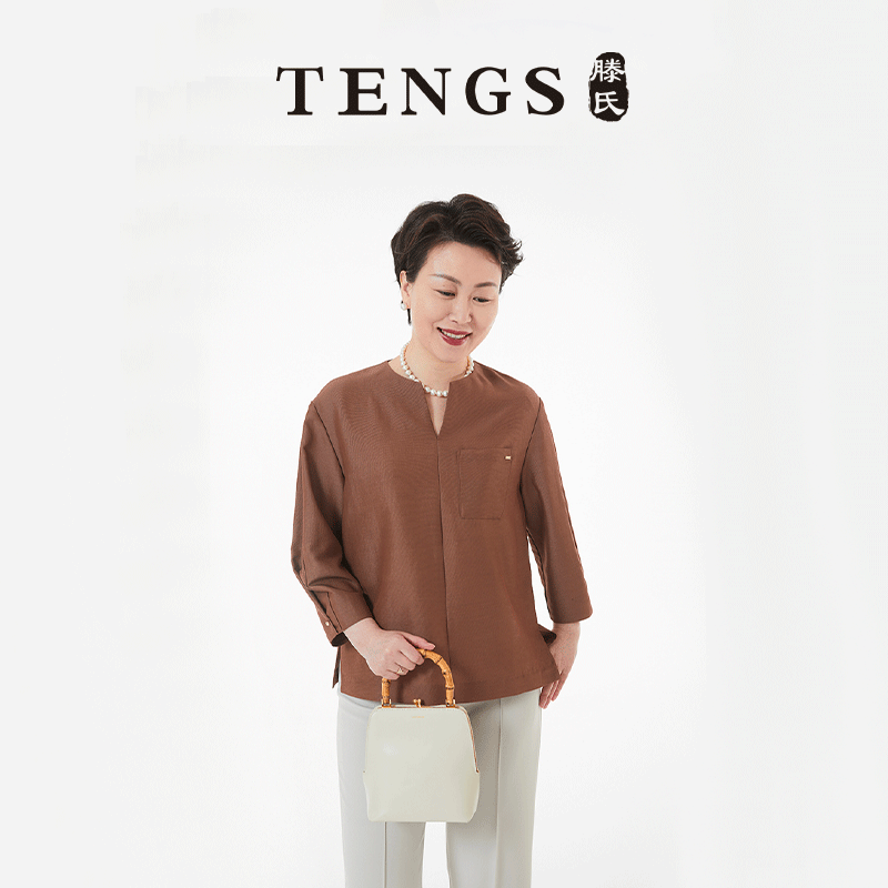 TENGS焦糖棕极简廓形通勤上衣
