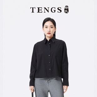 衬衫 TENGS滕氏女装 长袖 黑色休闲棉质短款 镂空立体图案设计 新款