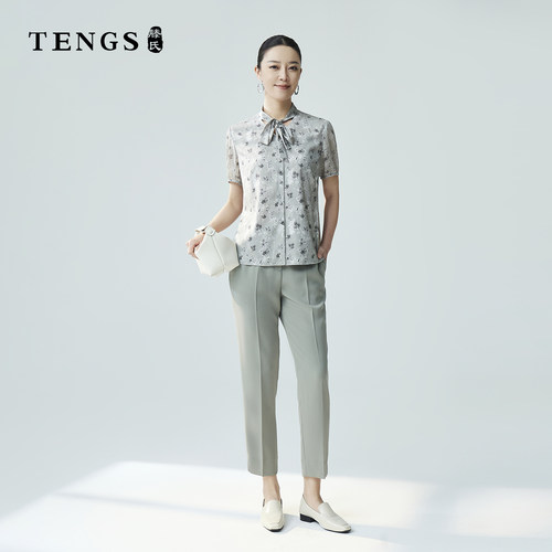 TENGS清雅印花短袖飘带领衬衫