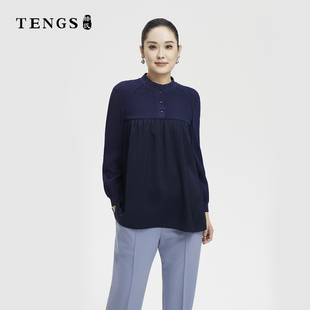 TENGS/滕氏（服饰）女装法式通勤风立领拼接轻熟优雅显瘦长袖衬衫