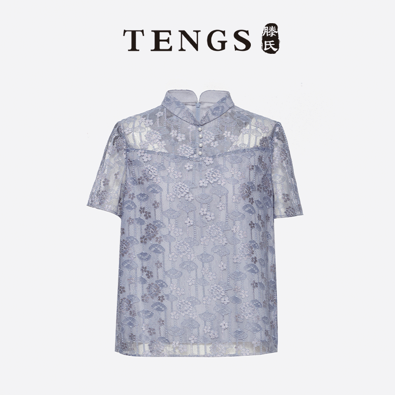 TENGS优雅蕾丝勾花中式短袖上衣