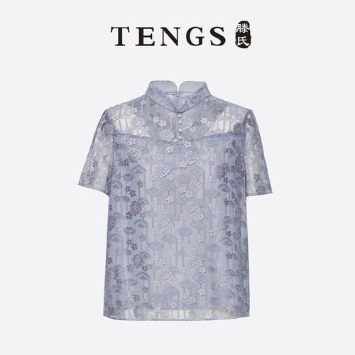 TENGS优雅蕾丝勾花中式短袖上衣