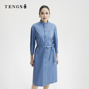 TENGS滕氏女装春秋新款静谧湖蓝九分袖立领轻松休闲直身连衣裙