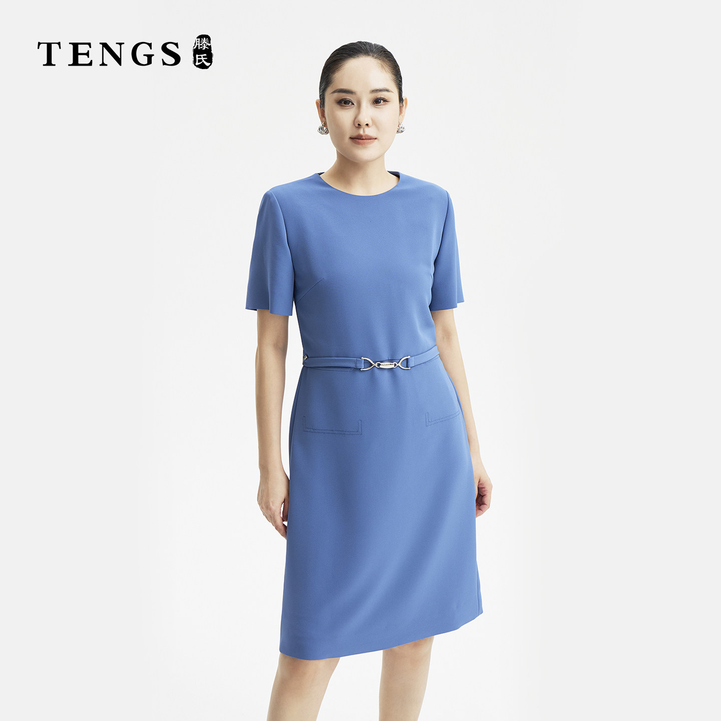 TENGS滕氏女装夏季新款天蓝气质通勤V领半袖连衣裙修身立体剪裁