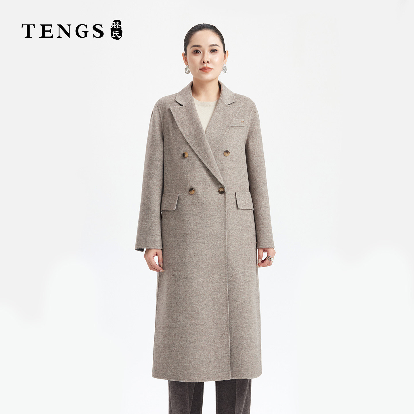 TENGS米灰羊毛混纺长款大衣
