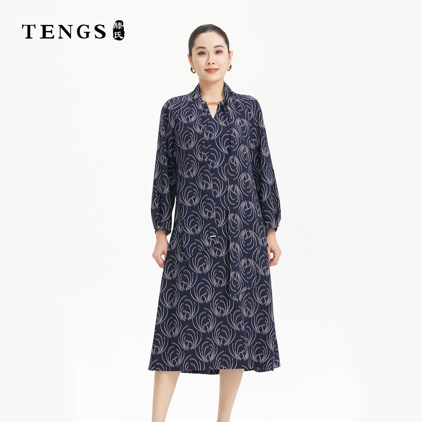 TENGS藏蓝印花轻奢设计感连衣裙