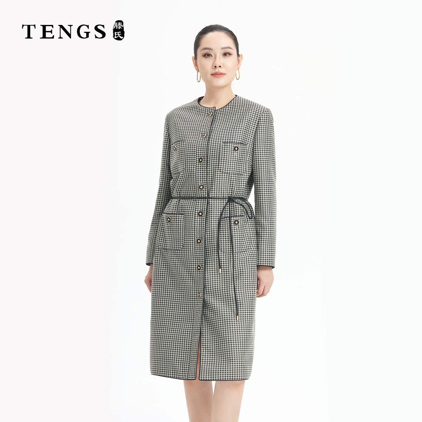 TENGS滕氏女装优雅千鸟格通勤气质长袖连衣裙,女装/女士精品,连衣裙,淘宝优惠券,粉丝福利购,淘宝优惠卷