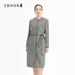 TENGS滕氏女装优雅千鸟格通勤气质长袖连衣裙