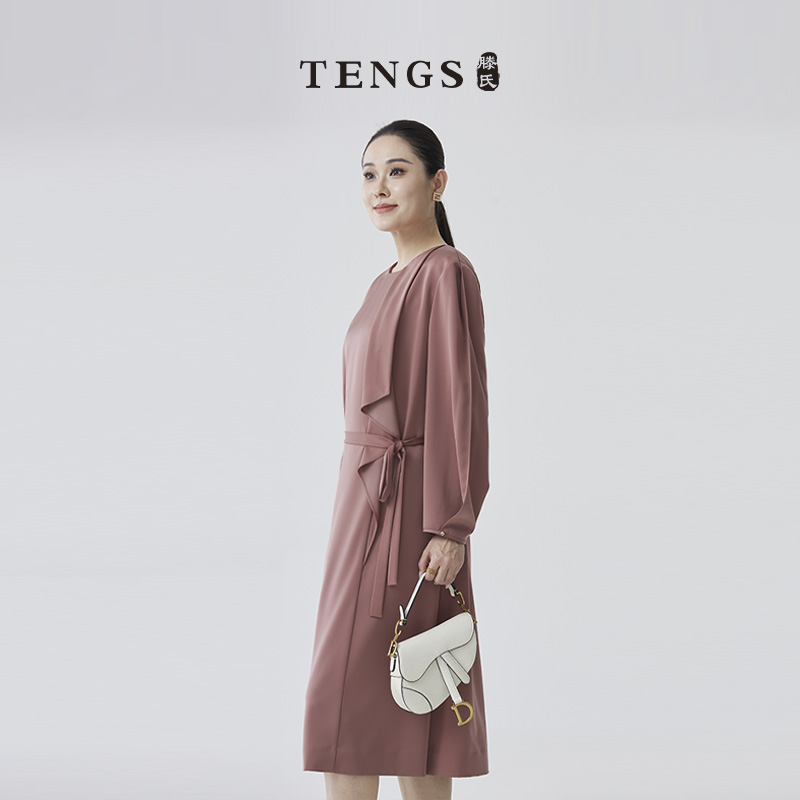 TENGS优雅V领拼接长袖连衣裙