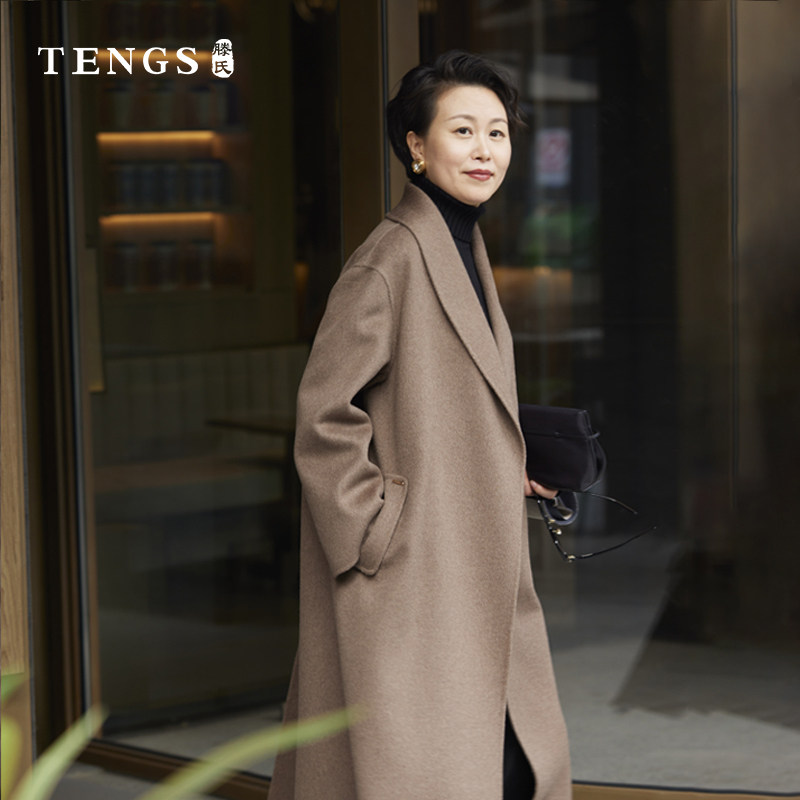TENGS滕氏女装春季新款设计感咖色腰带绵羊毛骆驼绒中长款大衣