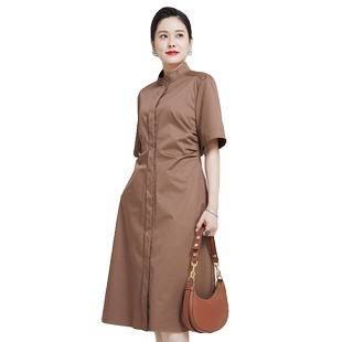 TENGS滕氏女装夏秋新款原木棕棉质X廓形立领衬衫连衣裙休闲舒适