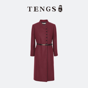 TENGS滕氏秋冬女装 挺括 优雅波尔多红羊毛连衣裙异色扣饰设计修身