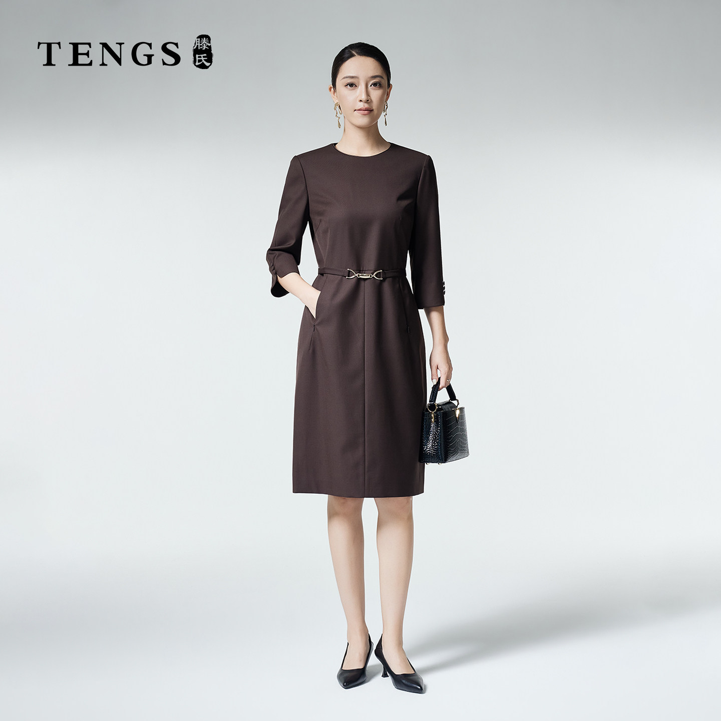 TENGS滕氏女装时尚优雅气质舒适商务通勤职业百搭七分袖连衣裙