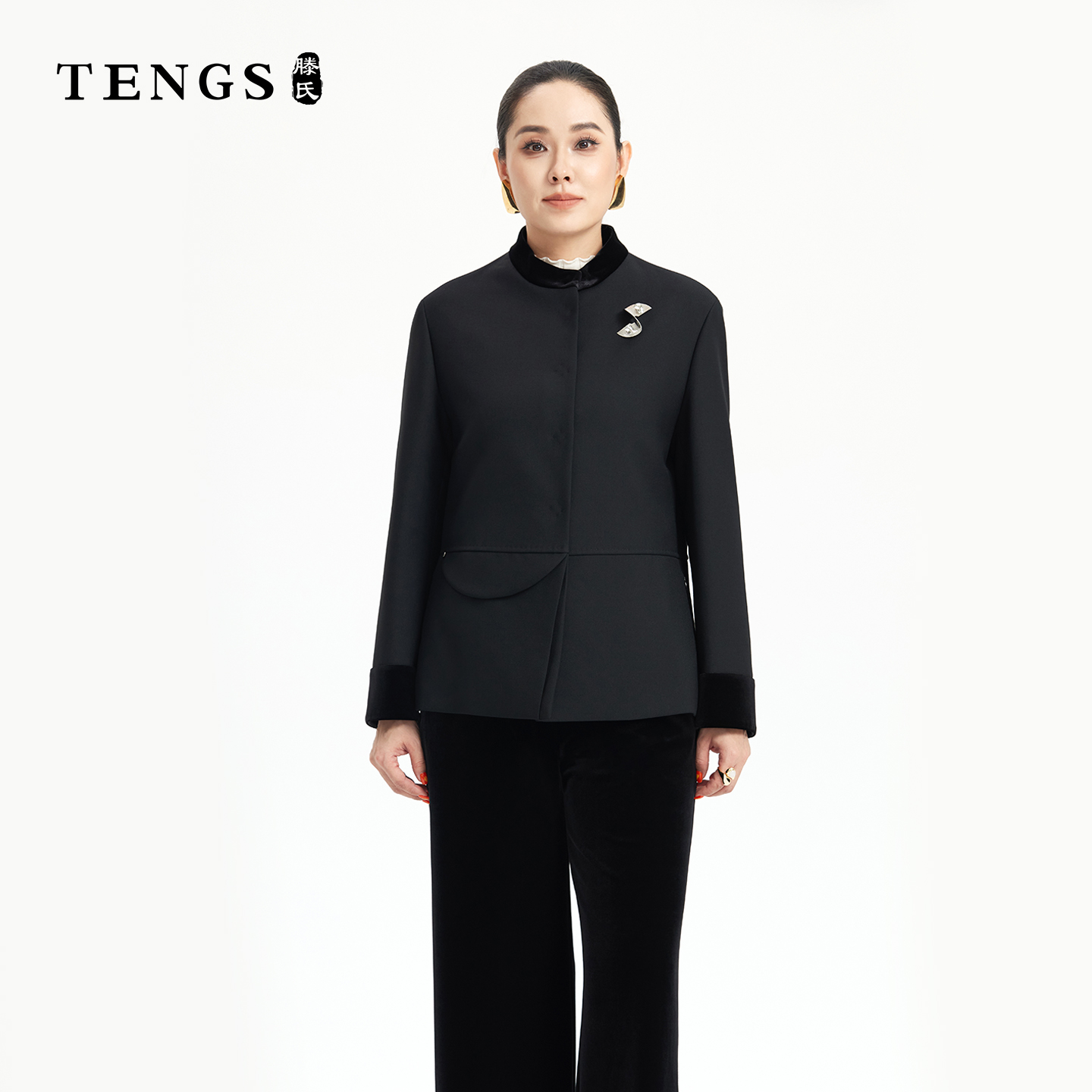 TENGS中式立领丝绒拼接上衣