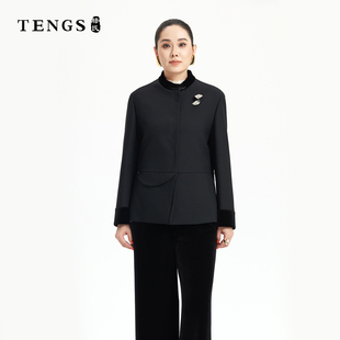 TENGS滕氏女装秋冬新款黑色新中式系列丝绒立领上衣干练商务通勤
