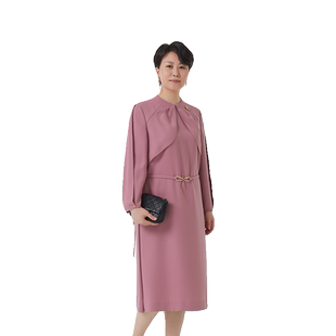 TENGS滕氏女装春秋款柔粉系叠拼立领连衣裙直身显瘦百搭